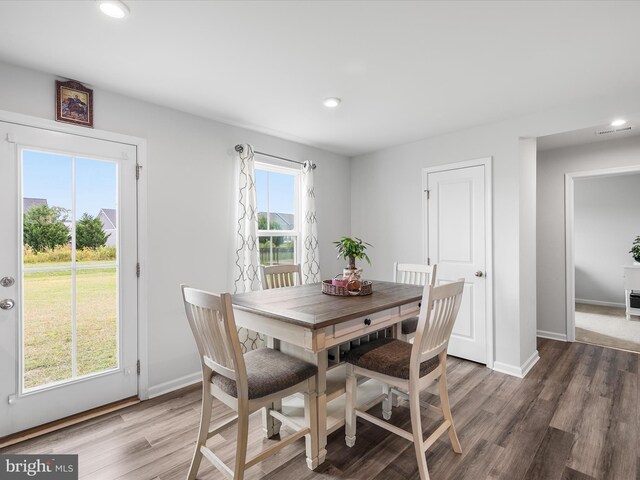 dining room featuring dark wood-type flooring and a healthy amount of sunlight