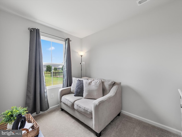 living area featuring light colored carpet