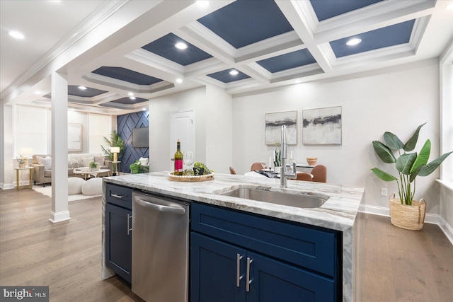 kitchen with coffered ceiling, an island with sink, light stone counters, dishwasher, and light wood-type flooring