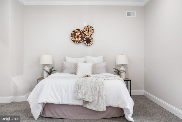 bedroom with carpet and crown molding