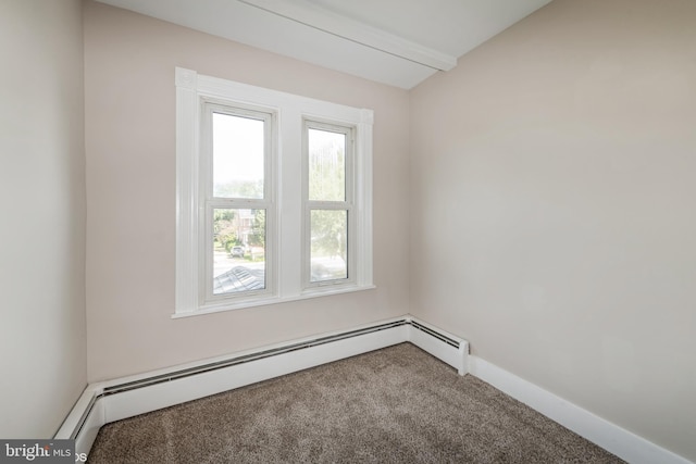 unfurnished room featuring a baseboard radiator, baseboards, and carpet
