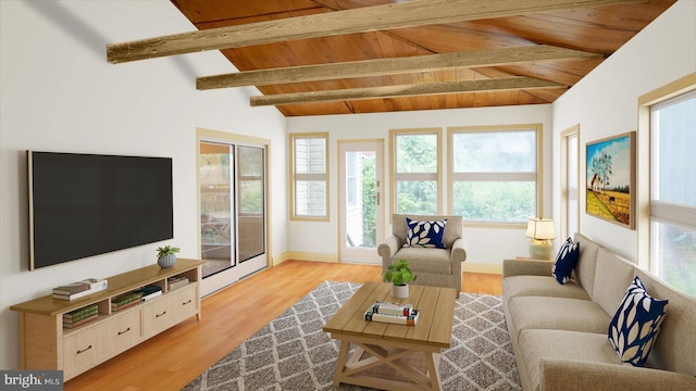 living room featuring vaulted ceiling with beams, light hardwood / wood-style flooring, and wood ceiling