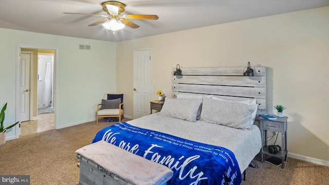 carpeted bedroom featuring ceiling fan