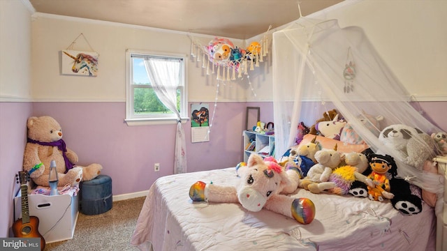 carpeted bedroom with crown molding