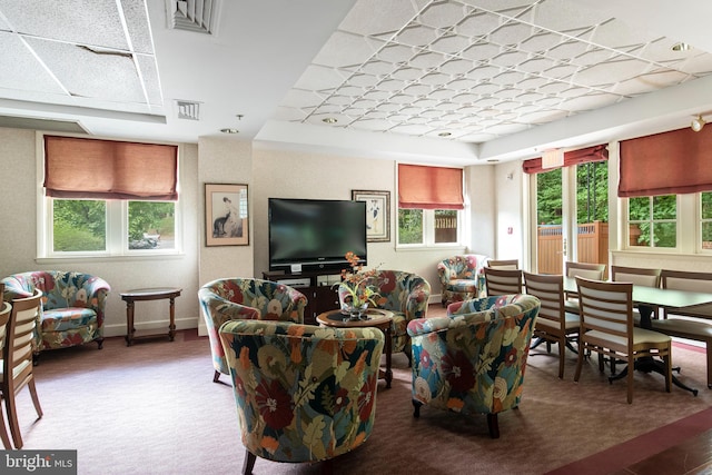 carpeted living room featuring plenty of natural light