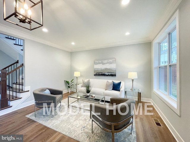 living room featuring wood-type flooring, a wealth of natural light, and crown molding