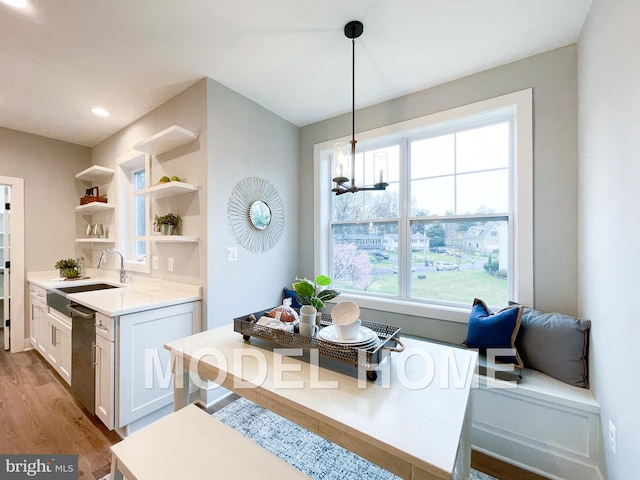 kitchen with white cabinets, pendant lighting, a wealth of natural light, and dishwasher