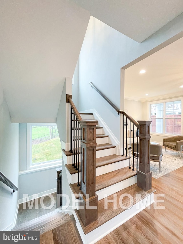 staircase with hardwood / wood-style floors and a healthy amount of sunlight