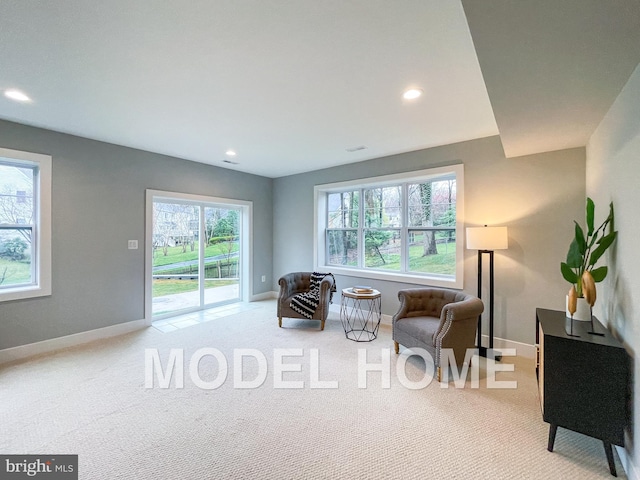 sitting room featuring light colored carpet