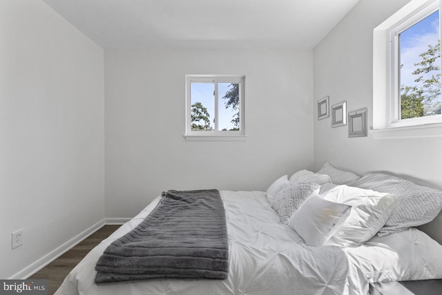 bedroom featuring multiple windows and dark wood-type flooring