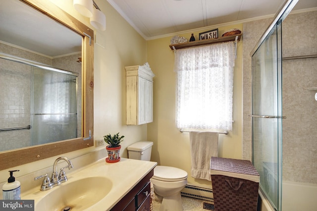 bathroom featuring a baseboard radiator, toilet, vanity, and ornamental molding