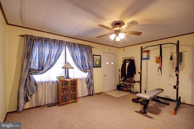 workout area with a textured ceiling, ceiling fan, and carpet flooring