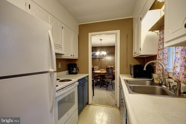 kitchen with white appliances, a notable chandelier, white cabinetry, sink, and exhaust hood