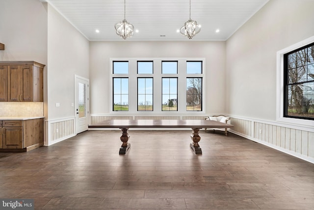 interior space with crown molding, dark wood-type flooring, a high ceiling, and a chandelier