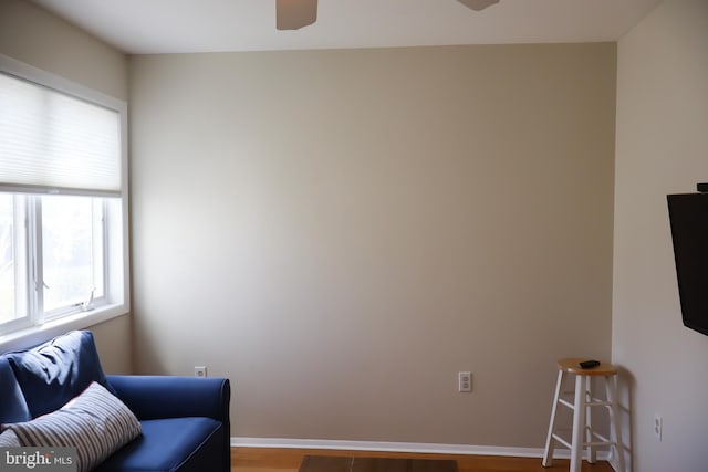 living area featuring ceiling fan and hardwood / wood-style flooring