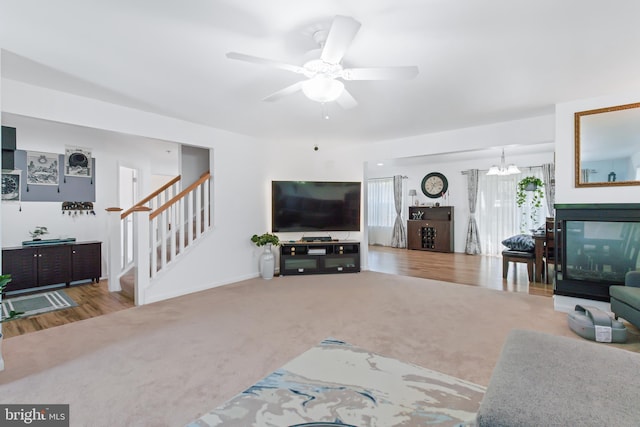 living room featuring ceiling fan with notable chandelier and hardwood / wood-style flooring