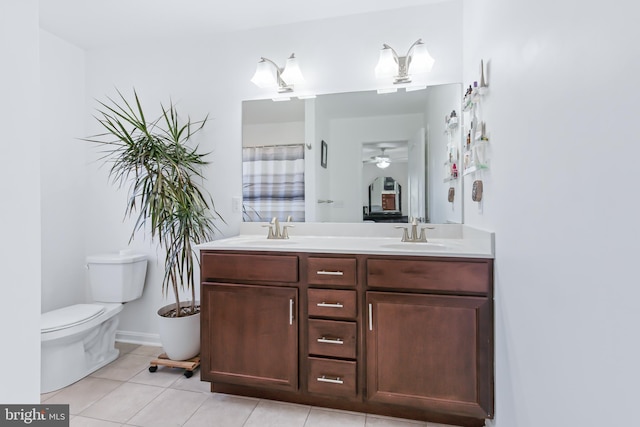 bathroom featuring ceiling fan, vanity, toilet, and tile patterned floors