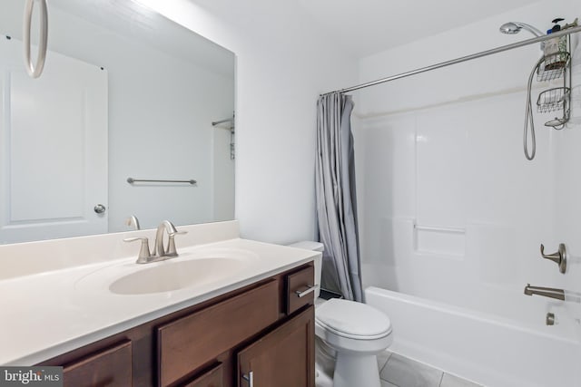 full bathroom featuring tile patterned flooring, shower / bathtub combination with curtain, toilet, and vanity