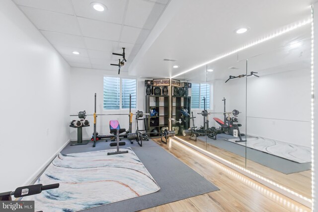 exercise room featuring hardwood / wood-style floors and a paneled ceiling