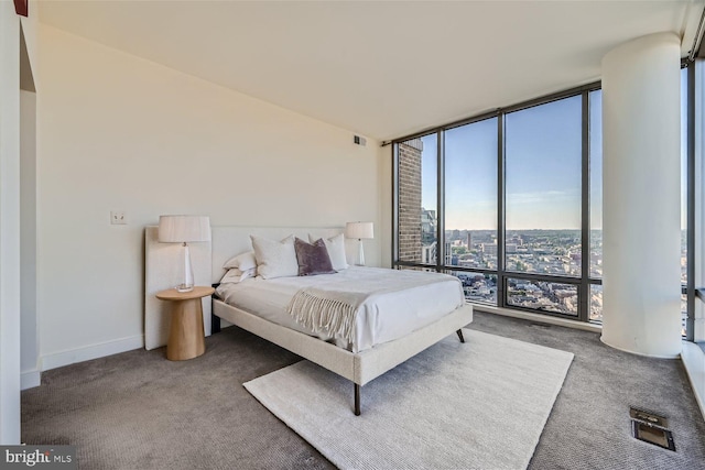 bedroom featuring floor to ceiling windows and carpet flooring