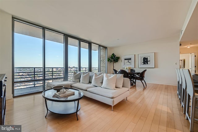 living room featuring light wood-type flooring and expansive windows