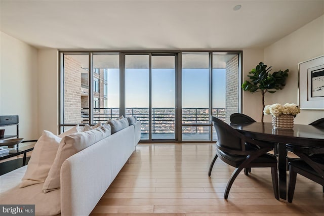 dining room with expansive windows and light hardwood / wood-style flooring