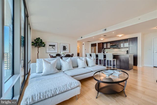 living room featuring light hardwood / wood-style floors and sink