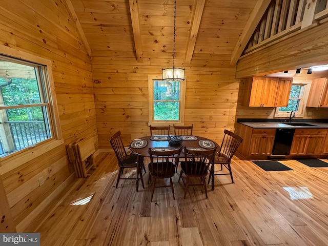 dining area featuring wooden ceiling, lofted ceiling, light wood-style floors, and wooden walls