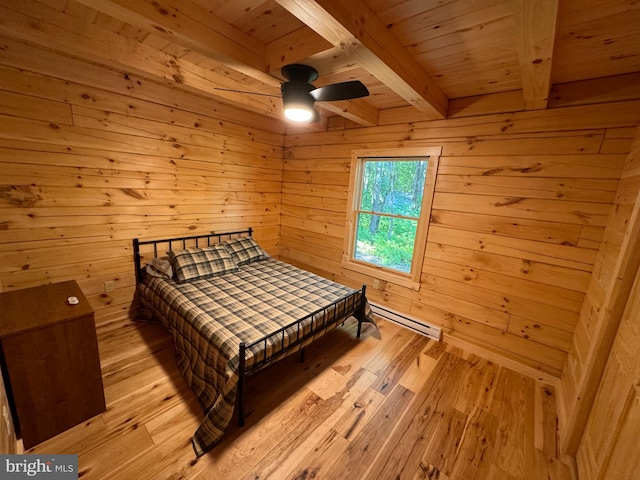 bedroom with wood ceiling, light hardwood / wood-style floors, beam ceiling, wooden walls, and ceiling fan