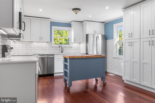 kitchen with white cabinets, stainless steel appliances, dark hardwood / wood-style floors, and a wealth of natural light