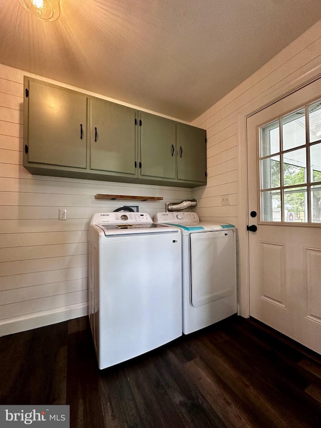 1315 Lexington St, Salisbury, MD 21804 - clothes washing area with wooden walls, cabinet space, washer and dryer, and dark wood finished floors