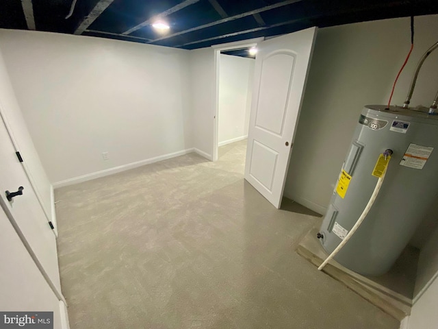 basement with water heater and light colored carpet