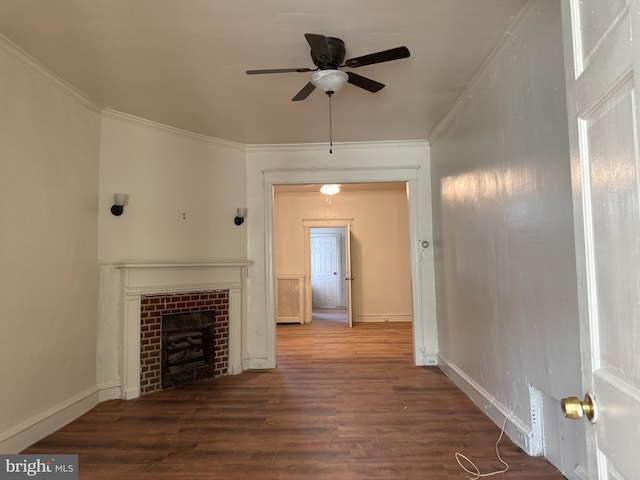 unfurnished living room featuring ceiling fan, crown molding, and hardwood / wood-style floors