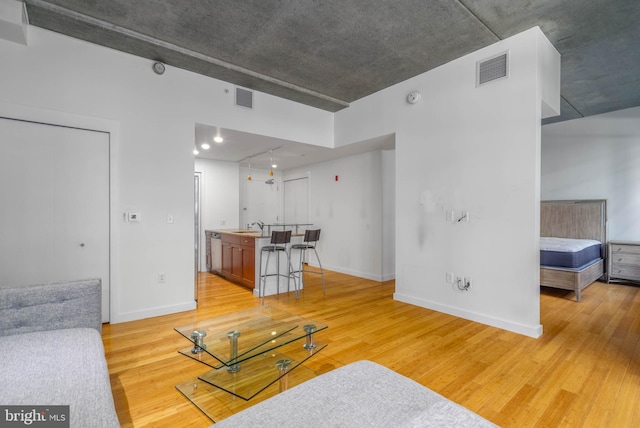 living room featuring light hardwood / wood-style flooring and sink