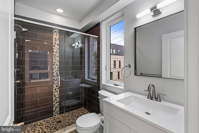 bathroom with vanity, toilet, and an enclosed shower