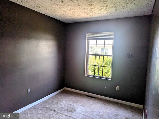 carpeted spare room with a textured ceiling