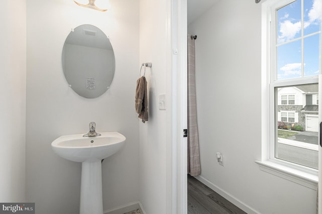 bathroom with hardwood / wood-style floors, sink, and plenty of natural light