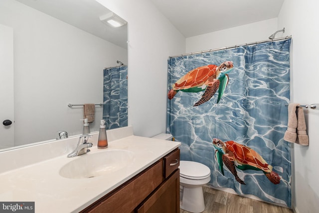 bathroom with a shower with shower curtain, wood-type flooring, vanity, and toilet