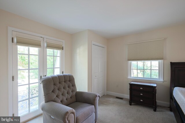 sitting room featuring light colored carpet and plenty of natural light