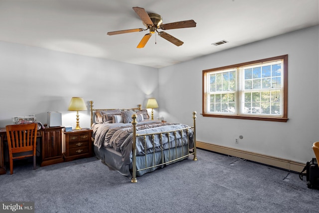 carpeted bedroom with ceiling fan and baseboard heating