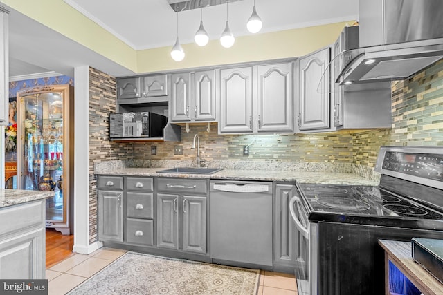 kitchen with backsplash, stainless steel appliances, ventilation hood, ornamental molding, and sink