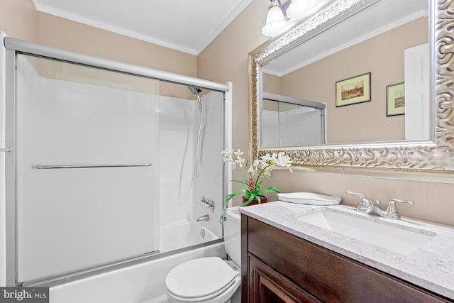 full bathroom with decorative backsplash, ornamental molding, vanity, enclosed tub / shower combo, and toilet