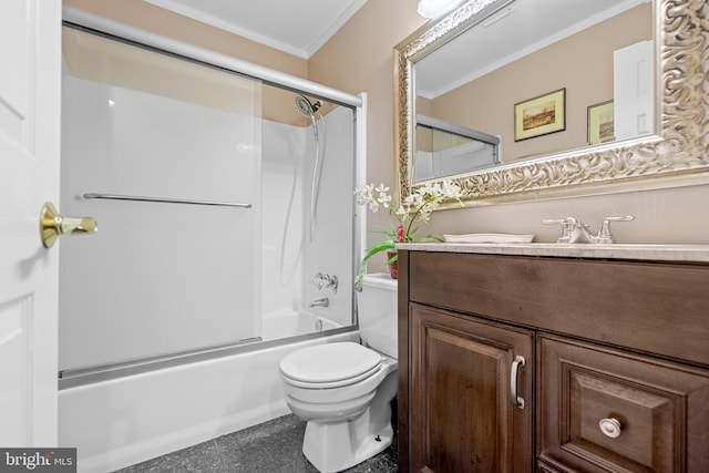 full bathroom featuring crown molding, shower / bathtub combination, vanity, and toilet