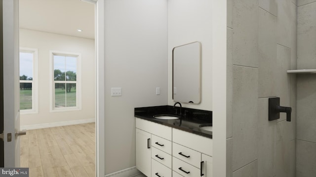 bathroom with hardwood / wood-style flooring and vanity