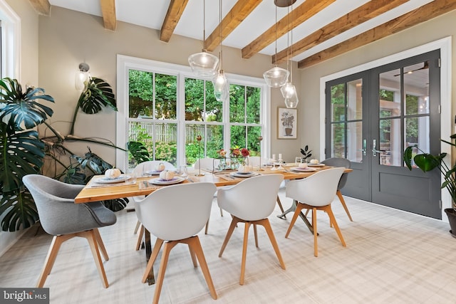 sunroom / solarium with french doors and beamed ceiling