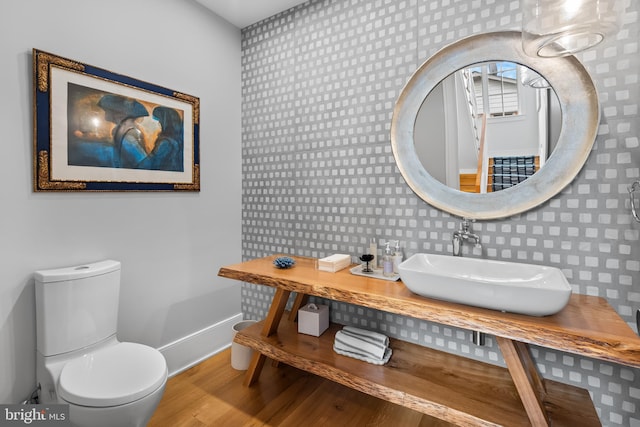 bathroom with wood-type flooring, toilet, and sink