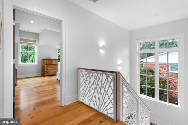 hall with light wood-type flooring and a healthy amount of sunlight