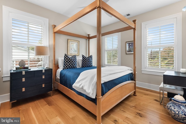 bedroom featuring light wood-type flooring and multiple windows