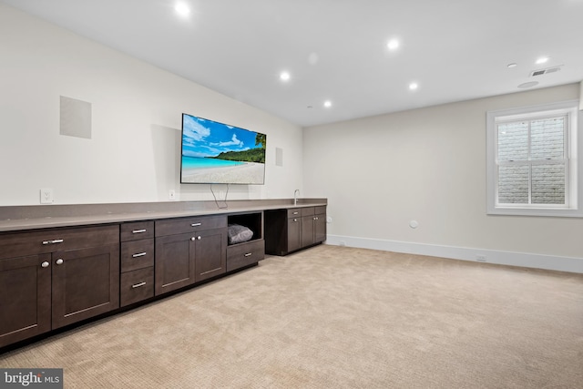 interior space featuring dark brown cabinets and light colored carpet