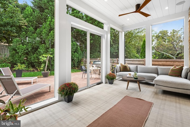 sunroom / solarium featuring wooden ceiling and ceiling fan